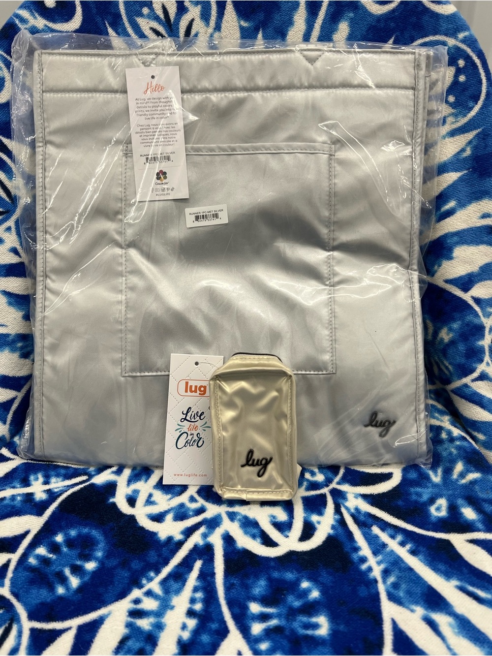 Lug Runner Metallic Silver Tote Bag & 
Drizzle Pouch in Metallic Champagne